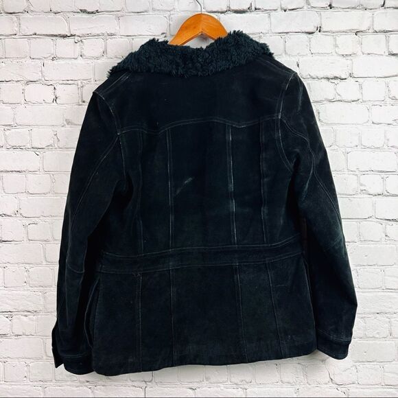 Vintage 90s Wilsons Leather Maxima Black Suede Sherpa Faux Fur Quilted Jacket - Picture 8 of 14